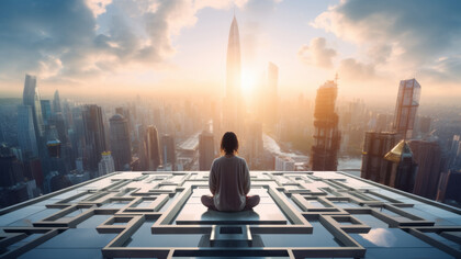 A woman seated in stillness overlooking a radiant skyline, symbolizing the expansion of consciousness