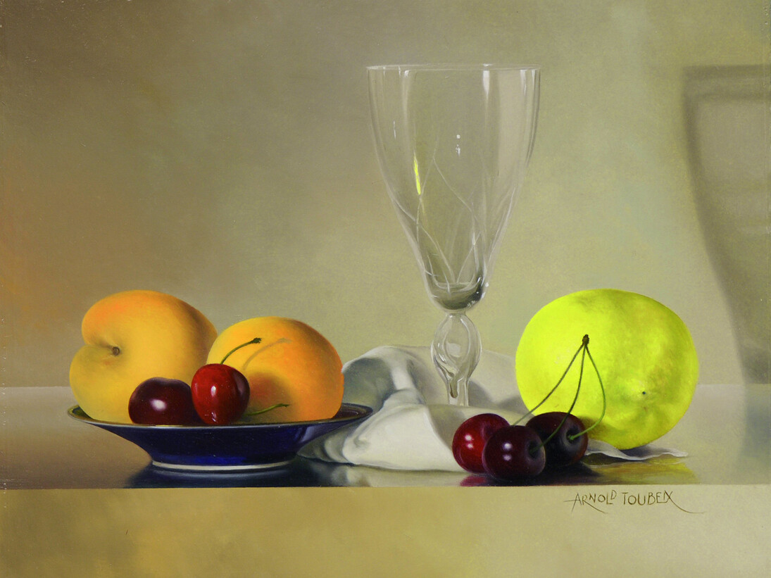 Arnold Toubeix, Verre, abricots, cerises dans coupelle bleue, nappe 