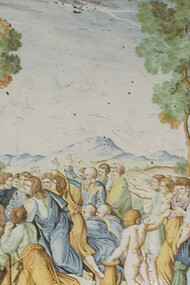 Bartolomeo Terchi (1691-1766). Moisés y las Tablas de la Ley. Placa hecha en San Quirico, Italia. Cerámica  mayólica (loza vidriada con estaño), 1720. Museum Metropolitano de Arte, Nueva York, EE.UU.
