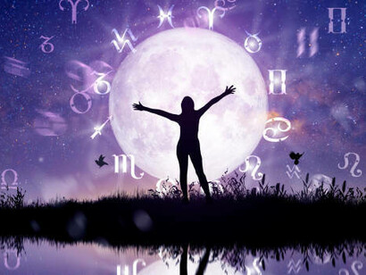 Zodiac wheel illustration with astrology symbols, featuring a woman