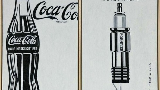Richard Pettibone, "Andy Warhol, 'Large Coca Cola', 1962, and Francis Picabia, 'Portrait of a Young American Girl in a State of Nudity', 1915", 2012, Oil on canvas, 9 1/2 x 13 3/8 inches