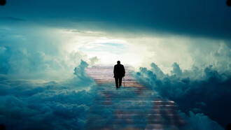 An older gentleman walks up the stairs to the sky