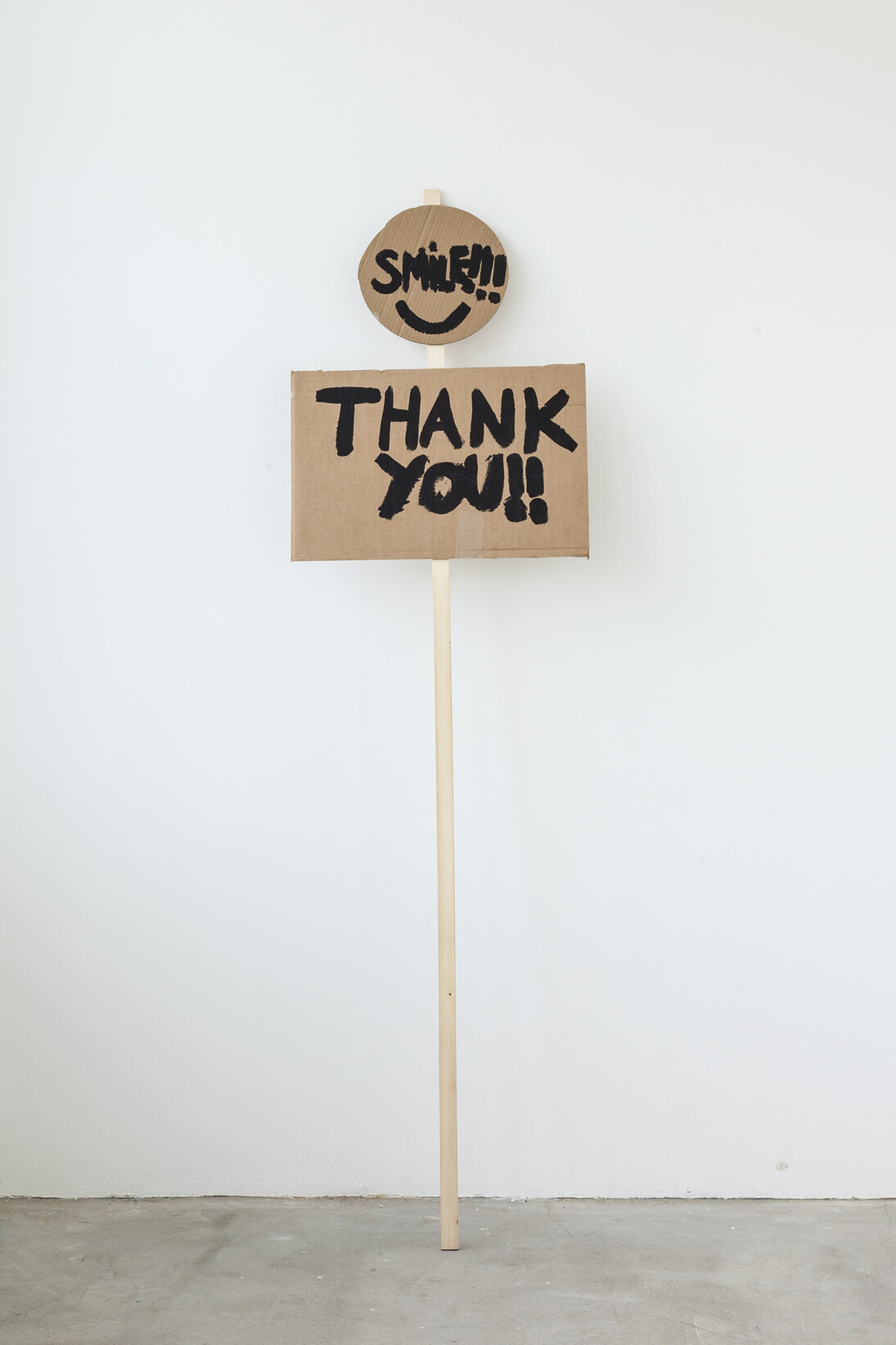 Peter Liversidge, Smile, Thank You, Notes on Protesting (2014), Black Emulsion, Cardboard & wood
