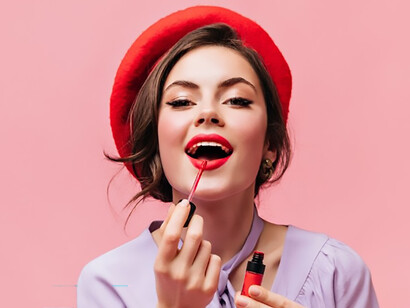 Woman with bright red lipstick and a playful smile, a symbol of resilience and small joys amid economic challenges