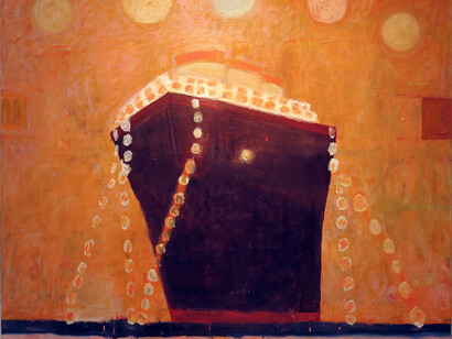 Katherine Bradford - Five Moons, 2012-14. Oil on canvas, 61 x 69 inches. Image courtesy the artist, Edward Thorpe Gallery, New York; CANADA Gallery, New York