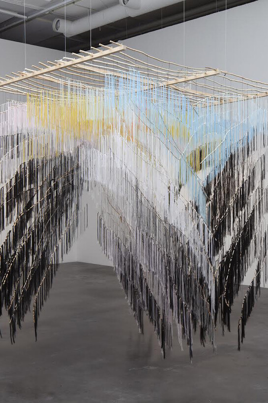 Outi Pieski, Risteävät Polut | Ruossalas Bálágat | Crossing Paths, 2014, installation, wood and thread, 240 x 240 x 240 cm
