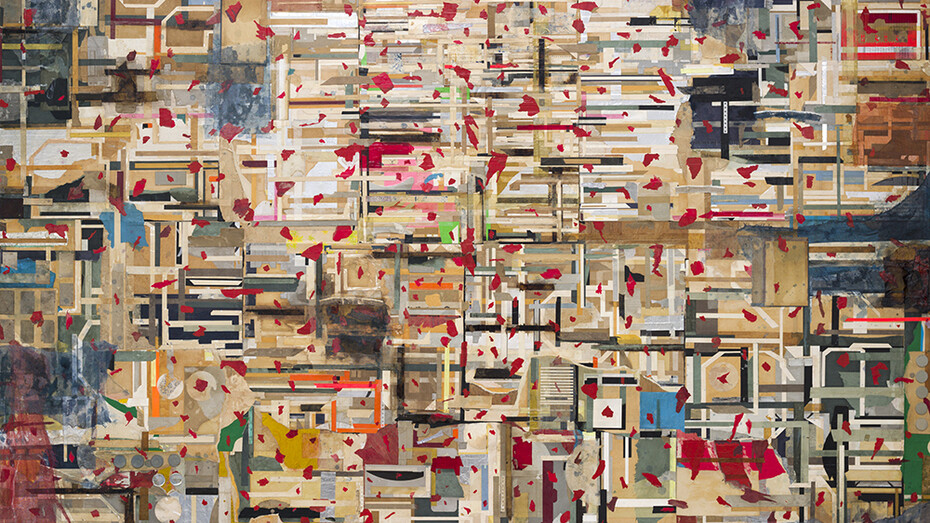 Shinro Ohtake, Time Memory 28, 2014, Oil, acrylic, spray paint, tar, ink, pencil, glue, masking tape, cellophane tape, wrapping tape, aluminium foil tape, printed matter, cheesecloth, billboard paper, Japanese paper, rice paper, wrapping paper, wrapping foil, brown paper, cardboard on wooden board, 220.5 x 300.5 x 10.5 cm, Courtesy of the artist and Take Ninagawa, Tokyo
