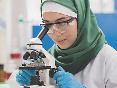 A female scientist meticulously conducting research, utilizing a microscope in the controlled environment of a laboratory