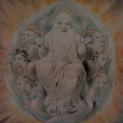 William Blake; Dios bendiciendo el séptimo día, Dickinson Gallery (detalle)