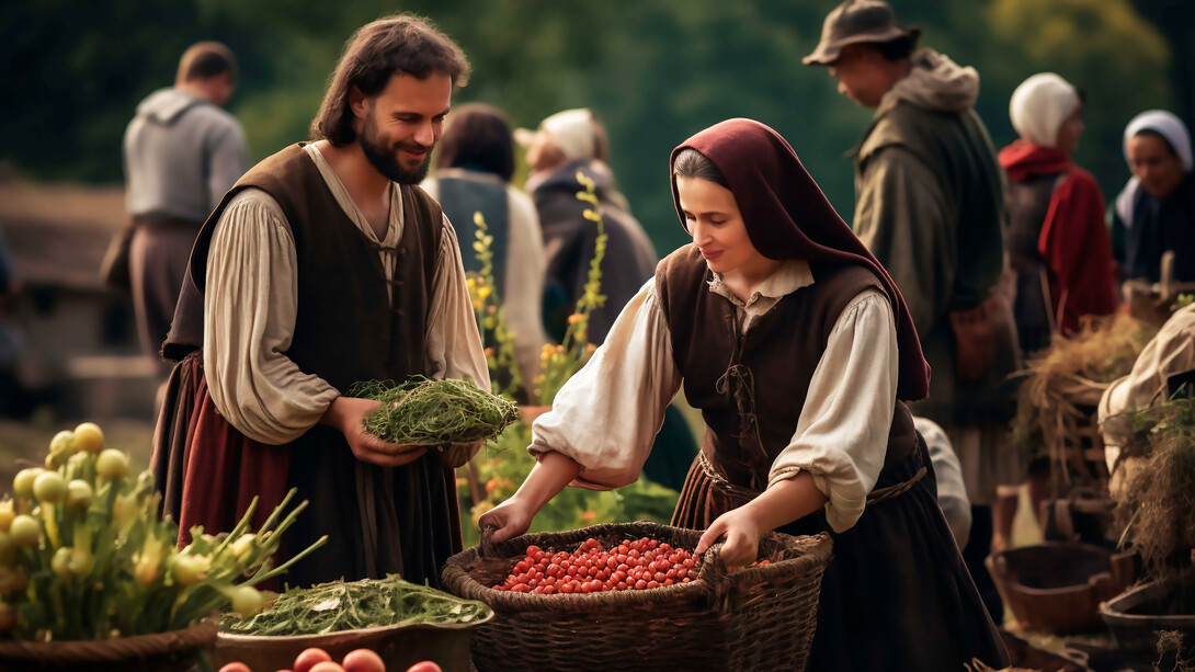 Experience a vivid portrayal of medieval life with a historical rendering of a bustling market scene, capturing the vibrant food culture and lively atmosphere of the era