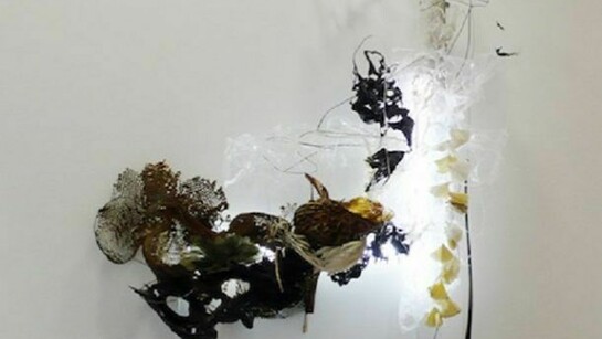 Judy Pfaff, Night Blooming Ceres, 2012, steel wires, various plastics and paper, shellacked Chinese paper lanterns, honeycomb cardboard and florescent lights, 95” x 83” x 32”