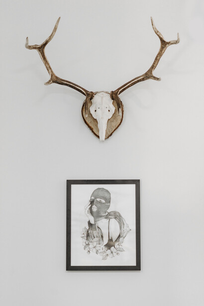 Parede branca com um quadro de moldura preta se destaca. Acima do quadro, os chifres de um animal exibido como se fosse arte