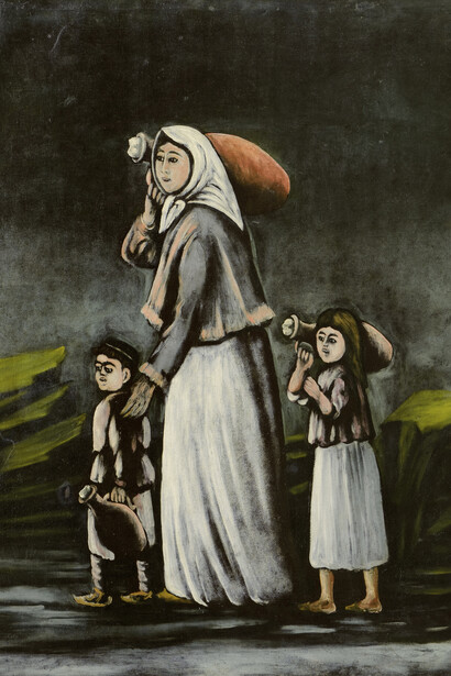 Niko Pirosmani, "Contadina che porta l' acqua insieme a bambini". Piuttosto, nella loro essenzialità, hanno spesso sguardi malinconici che sembrano volerci riportare alla vita che il pittore stesso aveva sofferto