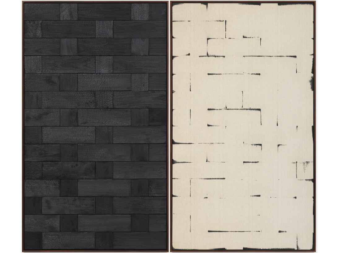 Davide Balula, Burnt Painting, Imprint of the Burnt Painting (A —-—-), 2015, Charred wood, coal dust on linen, Each panel: 217.2 x 125.7 cm / 85 1/2 x 49 1/2 ins