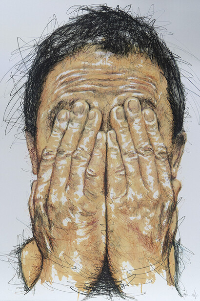 Lithographie de Mizaru. Cet autoportrait, publié en 2019, fait partie d'une trilogie (Iwasaru, Kikazaru, Misaru), symbole d'origine est-asiatique qui évoque la sagesse