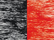 Richard Long, Love Minus Zero/No Limit (detail), 2014, A two panel carborundum relief, left panel printed in a Black/Ultramarine Blue ink mix, right panel in a Vermilion/Ruby Madder/Primrose ink mix on Hahnemühle Etching White 350 gsm paper. Overall 121.5 x 388 cm, Edition of 2, Courtesy Richard Long and Alan Cristea Gallery, London
