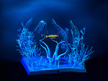 Su Blackwell, 20,000 Leagues Under the Sea, 335mm w x 260mm h x 235mm d, Paper, book, lights, paper sculpture in glass and wood box

