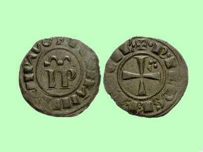 Italia, Regno di Sicilia. Federico II, Sacro Romano Imperatore. 1220-1245. BI Denaro (16mm, 0,82 gm, 1h). Zecca di Messina. Colpito nel 1246?  +[-]F-ROMLN SEMP-AVG-, monogramma IP nel campo; WW in alto +-R-IERSL´-ET [SI]CIL´-, croce pattata; cuneo e trifoglio nel secondo quarto.
Spahr 139; L. Travaini, “Hohenstaufen and Angevin denari of Sicily and Southern Italy: their mint attributions,” NumChron 1993, 42; MEC 14 563