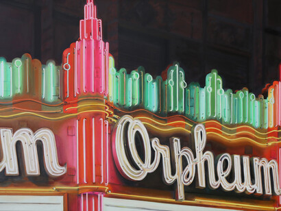 Terry Thompson, Orpheum (detail), 2023, oil on canvas, 26x45 in. Courtesy of Billis Williams
