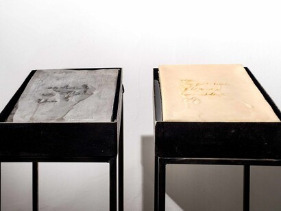 Gregorio Botta, Is beauty an affliction, then, 2014, piombo e acqua; Competition of the sky, cera e acqua 