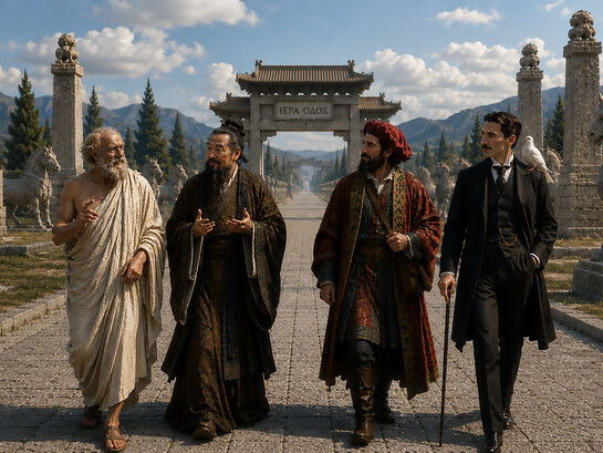 Four great minds from different civilizations walk the same sacred path, symbolizing the timeless dialogue between philosophy, science, culture, and human understanding