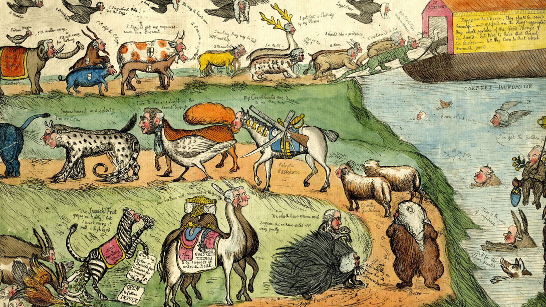 El regreso al Arca política, 1790. Miembros del Parlamento inglés, disfrazados de animales con cabezas humanas, caminan en procesión hacia el arca, que lleva la inscripción «San Esteban». Los primeros animales cruzan una tabla hacia el arca, ubicada en la esquina superior derecha del diseño. La procesión sigue un recorrido sinuoso en tres líneas aproximadamente paralelas: en la inferior, los animales avanzan de izquierda a derecha; luego, el recorrido gira de nuevo a la izquierda y regresa de nuevo de derecha a izquierda, quedando la curva de la izquierda interrumpida por el margen izquierdo. En la esquina inferior izquierda, Pitt aparece como una cebra (el Asno de la Reina) sobre sus patas traseras; sostiene un racimo de uvas en la boca; en la otra pata delantera lleva un papel con la inscripción «Pague a mi Orden, si se le solicita, cinco millones por rebote. P. A John Bull»; junto a él, un papel con la inscripción «Abierto a futuros insultos»