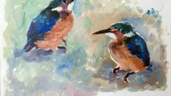 François Krige, Two Kingfishers, Unique Works on Paper, Gouache, framed, 21 x 25 cm