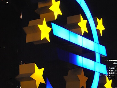 Euro sign, an iconic symbol of the European currency, displayed prominently outside the European Central Bank headquarters in Frankfurt, Germany