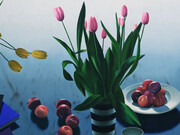 Bruce Cohen, Still life with backlit plums (detail), 2026. Courtesy of Berggruen Gallery
