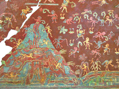 Montaña de la abundancia, detalle del "Paraíso de Tláloc", mural del Palacio de Tepantitla en Teotihuacán, México. La montaña vierte agua llena de peces y vitalidad, la cual fluye hacia los ríos y canales e irriga los cultivos que se siembran y cosechan