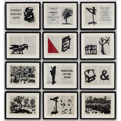 William Kentridge, Untitled, 2014, India ink and red pencil on Shorter Oxford Dictionary, Frame: 14-3/4 x 18-3/4 x 1 in. (each)