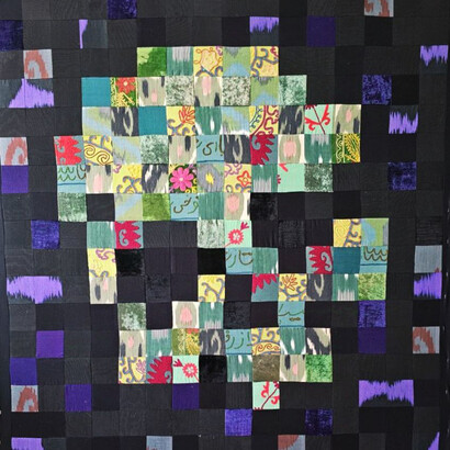 Dilyara Kaipova, Silk and velvet vs warning safety signs, painting on exhibition. Courtesy of Andakulova Gallery