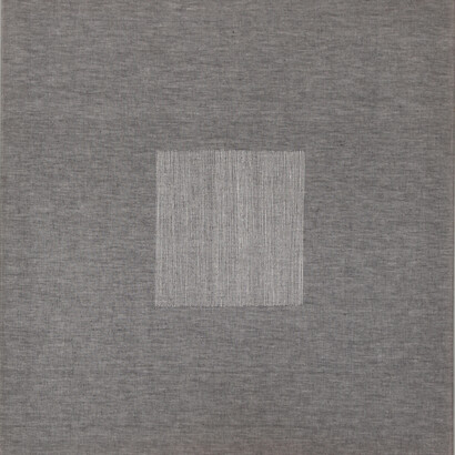 Hank  Peeters, 62-10, 1962, silver thread on canvas, 81 × 76 cm.
Photo Bruno Bani
Courtesy Cortesi Gallery
