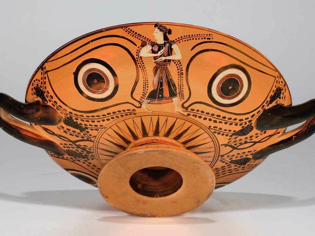 Attributed to the Group of Walters 48.42 (Attic, Greek), Attic Black-Figure Eye Cup, c. 510 B.C.E., Terracotta, 4 1/8 x 14 1/2 x 11 1/2 inches. Collection of Middlebury College Museum of Art. Purchase with funds provided by the Christian A. Johnson Memorial Art Acquisition Fund and the Memorial Art Fund, 2012.001