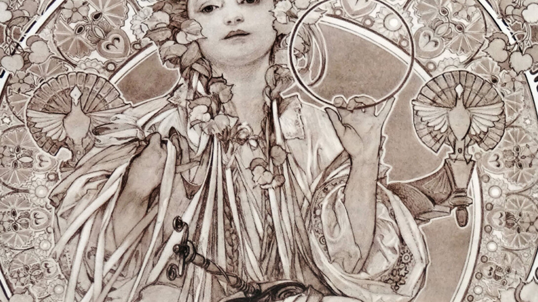 Polizza vita illustrata da Alfons Mucha per la Slavia, Praga, 1942. Dettaglio