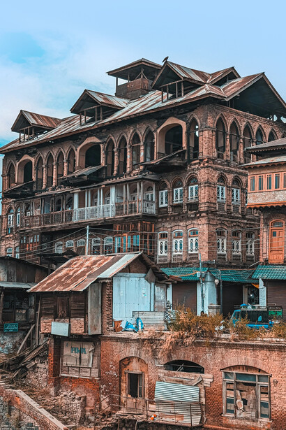 Riverbank homes overlooking the Jhelum River in Srinagar, Jammu and Kashmir