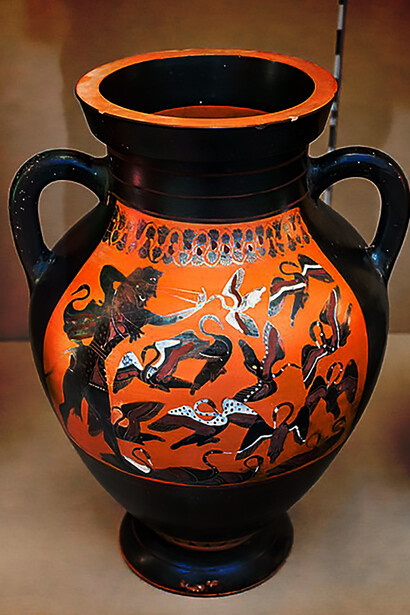 Captivating scenes captured in ancient art: Herakles in action with a sling against the Stymphalian birds, and two maenads enveloped in a shared cloak, showcasing Greek mythological narratives and artistic mastery