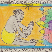 Frédéric Bruly Bouabrè, Ici, une mère momant avec son enfant, dalla serie
La mère - nourricière l'amour de son enfant, 2010, tecnica mista su
cartoncino, cm. 19x15.