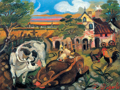 Antonio Ligabue, Fattoria con animali, olio su tavola di compensato, 1943-1944, 30 x 40 cm