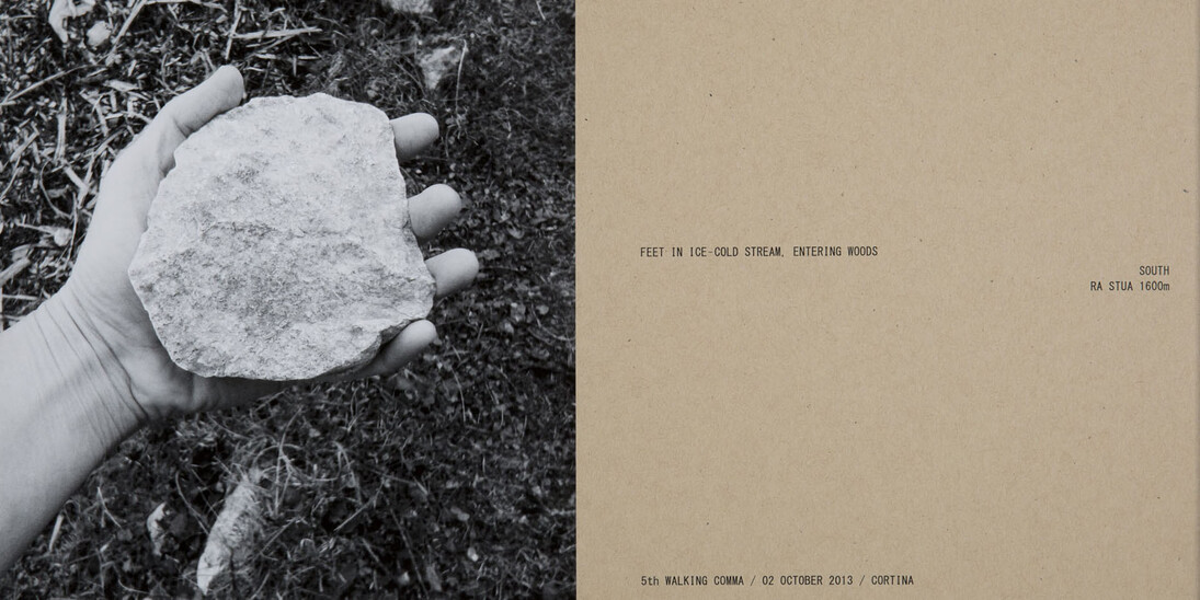 Helen Mirra, 3nd walking comma, 2 October, Cortina 2013 black and white photo and text 28×43 cm