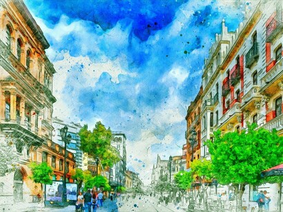 Illustrazione di un viale cittadino: "Insieme ai miei amici corro spensierato e in bici sfreccio tra gli alberi dei viali..."