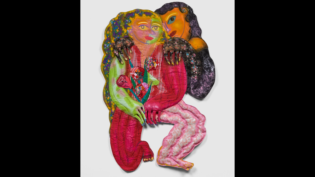 Maria A. Guzmán Capron, La Santa y Su Pecado, 2023, fabric, thread, batting, stuffing, spray paint and acrylic paint, 58x40x3 inches, photo by Ed Mumford. Courtesy of the artist and Shulamit Nazarian, Los Angeles 