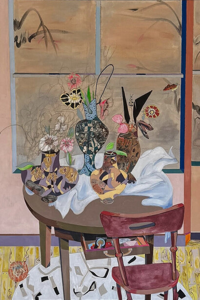 Lasar works in mixed media, monotypes, encaustic, acrylics, drawing, and collage on canvas