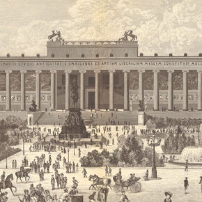 View of the Altes Museum in 1885, with the Alte Nationalgalerie visible in the background; print after a drawing by Robert Geissler, 1885. Mit freundlicher genehmigung des Alten Museums