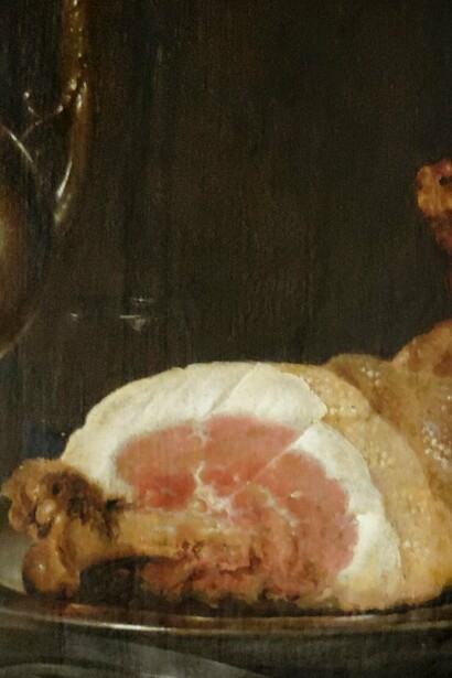 "Naturaleza muerta con un jamón, un decantador de plata y roemer", óleo sobre madera, Willem Claesz. Heda, 1656