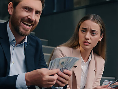 A wealthy businessman happily counts cash as a frustrated businesswoman stands nearby, exposing the reality of income inequality