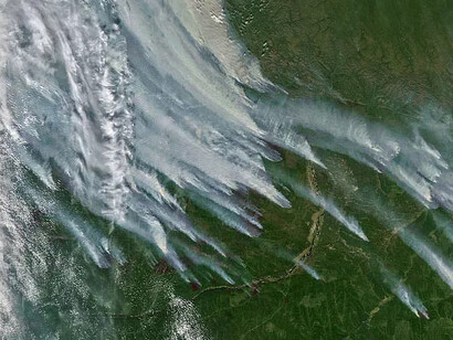 In questa immagine ripresa dal satellite della NASA Aqua, si vedono gli incendi selvaggi che colpiscono la regione siberiana della repubblica di Sakha, che si trova nella Russia del Nord. Incendi come questi pregiudicano l'equilibrio della tundra e contribuiscono al massiccio riscaldamento che sta colpendo l'Artico e l'Europa