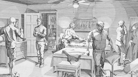 Andrew Raftery, Open House: Scene Five, (bedroom), 2008, copperplate engraving, 22 x 30 inches, edition of 10