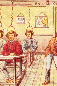 Cartão produzido em 1910, da série "França em 2000 - Escola do Futuro". Previa-se a escola francesa do ano 2000 operando com o princípio de baixar o conhecimento dos livros didáticos diretamente para o cérebro por meio de uma máquina elétrica. A IA oferece muitos benefícios, mas apresenta riscos complexos e significativos para a ética e a sociedade sem aplicações responsáveis. Os sistemas de IA assumem papéis de tomada de decisão mais autônomos, correndo o risco de viés algorítmico, falta de transparência, privacidade e segurança de dados e deslocamento de empregos
