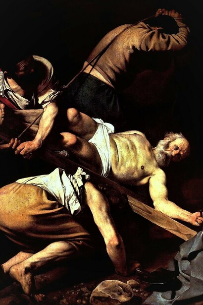 Caravaggio, Crocifissione di San Pietro, 1604-1605, olio su tela, 230 x 175 cm, cappella Cerasi, chiesa di Santa Maria del Popolo, Roma